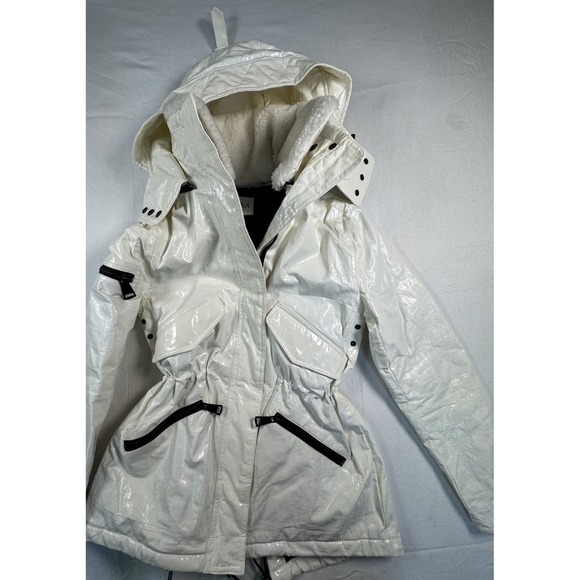 Medium Jackets & Blazers - SAM. New York Women's‎ Glossy White Puffer Parka Hooded Fur Trim Size M Vintage